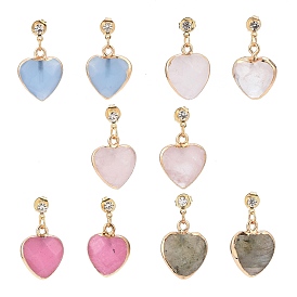Heart Gemstone Dangle Earrings, Brass Stud Earring for Women