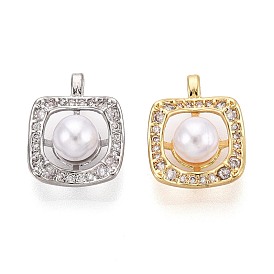 Латунные микропаве прозрачные подвески с фианитом, с имитацией жемчуга, Волнистые квадратные подвески