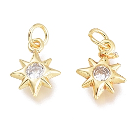 Brass Micro Pave Clear Cubic Zirconia Charms, with Jump Ring, Star