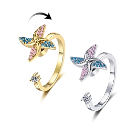 Windmill Rotating Ring with Rhinestones, Ins Style, Open Cuff Index Finger Rings, Gift for Girlfriend