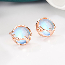 Плоские круглые серьги-гвоздики из латуни с узором в виде оленьего рога, с естественным лунным светом