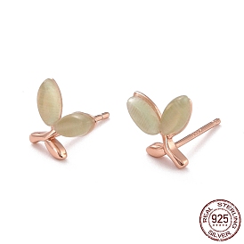 Leaf 925 Sterling Silver Stud Earrings, Dainty Cat Eye Beaded Post Earrings for Girl Women, Rose Gold