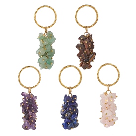 Natural Gemstone Chips Pendant Keychain, with 304 Stainless Steel Split Rings