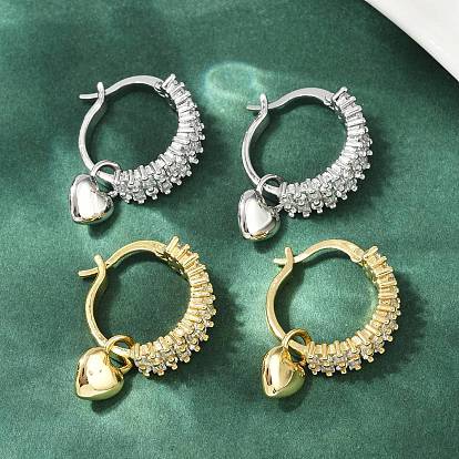 Серьги-кольца из латуни с микропаве и прозрачным кубическим цирконием в форме сердца, сердце прелести, без кадмия и без свинца, стойки покрытие, долговечный