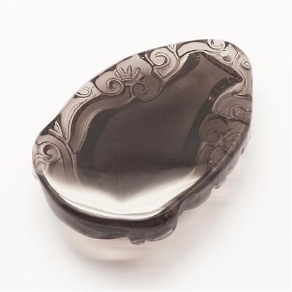 Carved Natural Obsidian Pendants, Oval with Vase