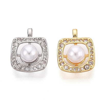 Латунные микропаве прозрачные подвески с фианитом, с имитацией жемчуга, Волнистые квадратные подвески