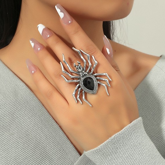 Legierung Strass Fingerringe, Spinne, Statement-Ringe, Antik Silber Farbe