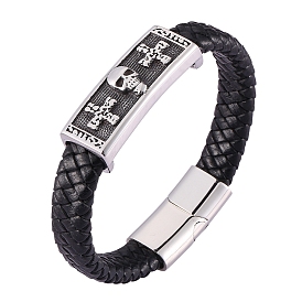 Stainless Steel Skull Beaded Bracelet with Leather Cord, Gothic Bracelet with Magnetic Clasp for Men
