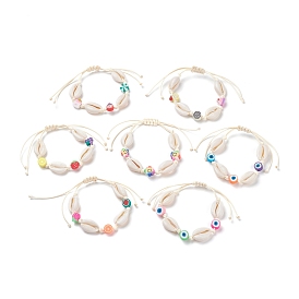 Natural Cowrie Shell Braided Bead Bracelet, Handmade Polymer Clay Beads with Pattern Adjustable Bracelet for Women
