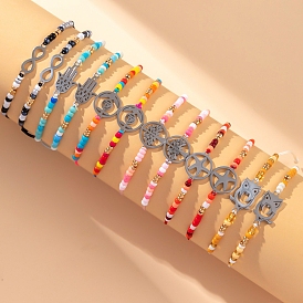 12шт 6 стиль стеклянные бусины плетеные браслеты набор, браслеты совы, дерева, руки хамсы, морской звезды и бесконечности