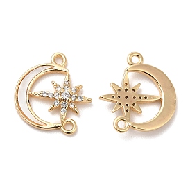Brass Micro Pave Clear Cubic Zirconia Connector Charms, with Shell,  Moon Links with Star