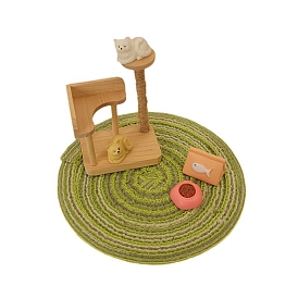 Gato y alfombra y escalador para gatos y comida para gatos y cuenco para comida para gatos en miniatura de resina, accesorios de casa de muñecas micro paisaje, simulando decoraciones de utilería