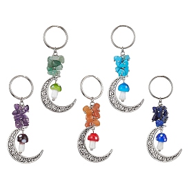 Hollow Moon Alloy Pendant Keycahin, with Gemstone Chip Beads and Mushroom Handmade Lampwork Beads, Iron Split Key Rings