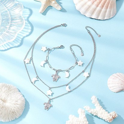 304 Набор украшений из нержавеющей стали в виде черепахи со звездой, включая ожерелья и браслеты, с 304 подвесками из нержавеющей стали и бусинами из натуральных пресноводных ракушек