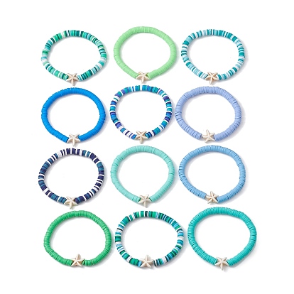 12Pcs 12 Color Polymer Clay Heishi Surfer Stretch Bracelets Set, Starfish Synthetic Turquoise Stackable Bracelets