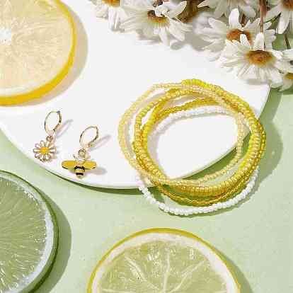 5Pcs 5 Style Bees & Flower Alloy Enamel Charm Bracelets Set, Glass Seed Beaded Stretch Bracelets