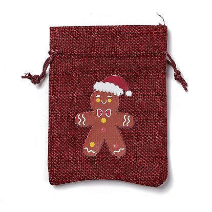 6Pcs 6 Styles Christmas Theme Rectangle Jute Bags, with Nylon Cord, Drawstring Pouches, for Gift Wrapping
