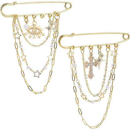 2 шт. 2 стили стальные броши, с подвесками из сплава и латунными цепочками