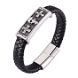 Stainless Steel Skull Beaded Bracelet with Leather Cord, Gothic Bracelet with Magnetic Clasp for Men