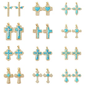 Rack Plating Brass Micro Pave Clear Cubic Zirconia Pendants, with Opal, Cadmium Free & Lead Free, Long-Lasting Plated, Cross