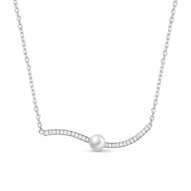 TINYSAND 925 Sterling Silver Cubic Zirconia Pendant Necklaces, with Pearl Beads, 14.5 inch