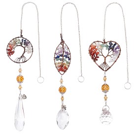 Chakra Theme Mixed Gemstone Big Pendants, with Glass Beads and Brass Findings, Heart &  Horse Eye & Round, with Tree of Life