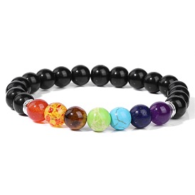 Colorful Stone Bead Bracelet for Men - Elastic Rope, Volcanic Stone, Essential Oil.