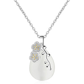 925 Silver Cat Eye Pendant Necklace - Short Lock Bone Chain, Cherry Blossom, Girl's Heart.