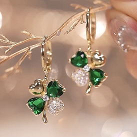 Green Cubic Zirconia Dangle Hoop Earrings, Brass Jewelry for Women