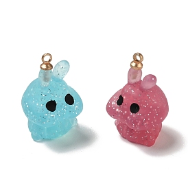 Halloween Theme Translucent Resin Pendants, with Light Gold Tone Alloy Findings, Rabbit with Glitter