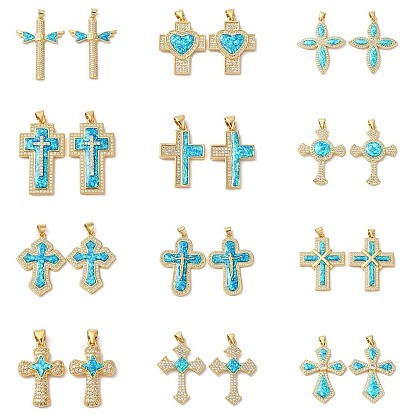 Placage de crémaillère en laiton micro pavé pendentifs en zircone cubique claire, avec opale, sans cadmium et sans plomb, plaqué longue durée, croix