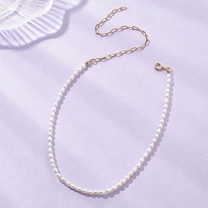 Ожерелья из натурального культивированного пресноводного жемчуга и рисовых бусин, с латунными концевыми цепями, золотые