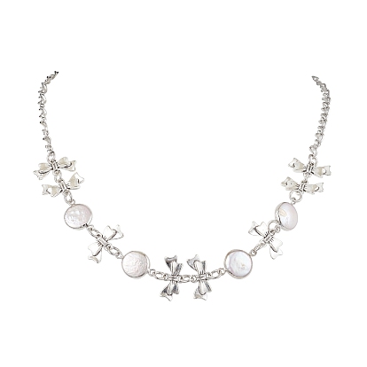 Flat Round Pearl with Bowknot Alloy Link Necklaces