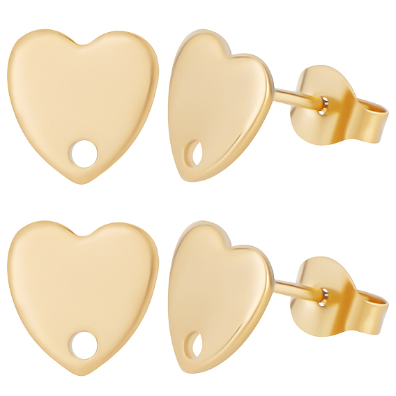 40Pcs 304 Stainless Steel Heart Stud Earring Findings, with Loop and Flat Plate