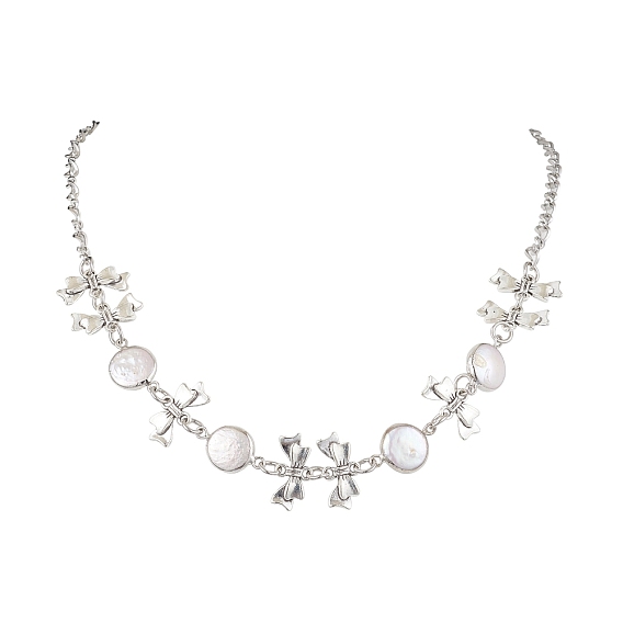Flat Round Pearl with Bowknot Alloy Link Necklaces