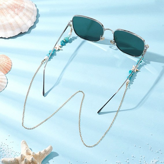 Латунные цепочки для очков, с бусинами из натурального пресноводного жемчуга и синтетической бирюзовой крошкой, с резиновыми петлями на концах, морская звезда