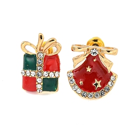 Christmas Gift Box/Smiling Face/Deer Alloy Rhinestone Stud Earrings for Women, with Brass Pins, Golden