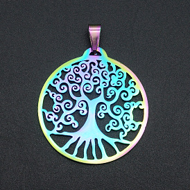 Ion Plating(IP) 201 Stainless Steel Pendants, Laser Cut, Flat Round with Tree of Life