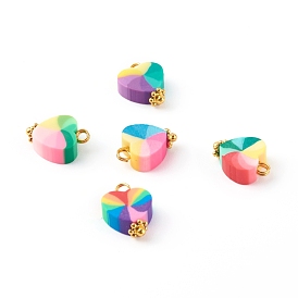 Polymer Clay Charms, with Brass Findings, Heart, Golden