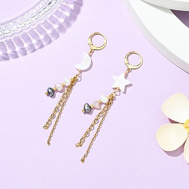 Асимметричные серьги в виде звезды и луны из натуральных пресноводных ракушек., 304 Серьги-кольца с фактурными цепочками из нержавеющей стали и кисточками