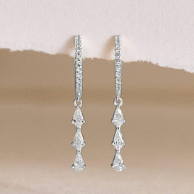S925 Sterling Silver Clear Cubic Zirconia Tassel Hoop Earrings, Teardrop