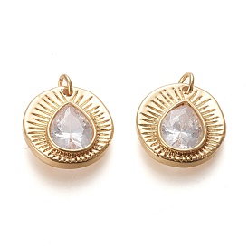 Brass Cubic Zirconia Pendants, with Jump Rings, Long-Lasting Plated, Flat Round with Teardrop, Clear