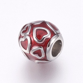 304 acier inoxydable perles européennes, Perles avec un grand trou   , avec l'émail, rondelle avec le coeur