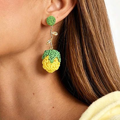Bohemia Raffia & Alloy Stud Dangle Earrings, Flower, Golden