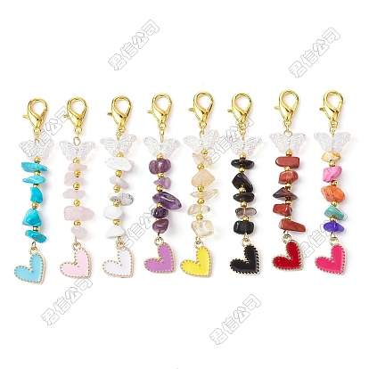 16 piezas 8 estilos de chips de piedras preciosas naturales y sintéticas colgante decoración, Adornos con dijes de mariposa de cristal y corazón de esmalte de aleación
