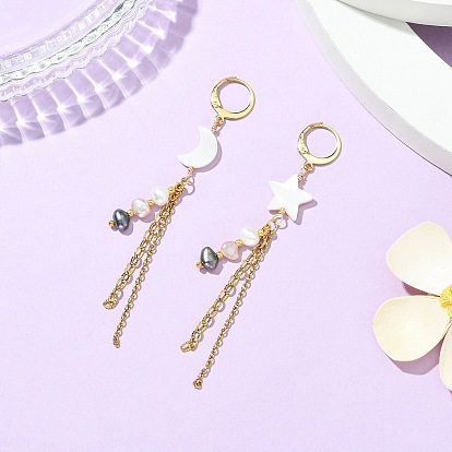 Асимметричные серьги в виде звезды и луны из натуральных пресноводных ракушек., 304 Серьги-кольца с фактурными цепочками из нержавеющей стали и кисточками