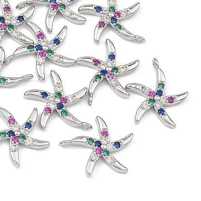 SHEGRACE Brass Colorful Cubic Zirconia Charms, Starfish Charms, Cadmium Free & Lead Free & Nickel Free