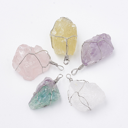 Natural Gemstone Pendants, with Brass Findings, Nuggets, Platinum