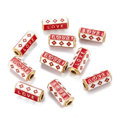 Real 18K Gold Plated Brass Micro Pave Clear Cubic Zirconia Tube Beads, with Enamel, Hexagonal Prism with Word Love