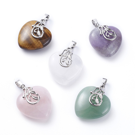 Natural Gemstone Pendants, with Platinum Tone Brass Ice Pick Pinch Bails, Heart